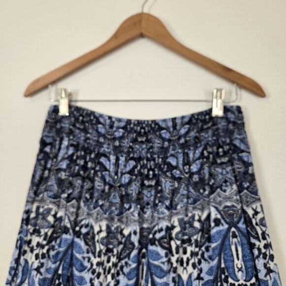 J. Jill Maxi Skirt Sz S Petite Blue White Print Elastic Waist Tassels Hem Boho - Picture 6 of 13
